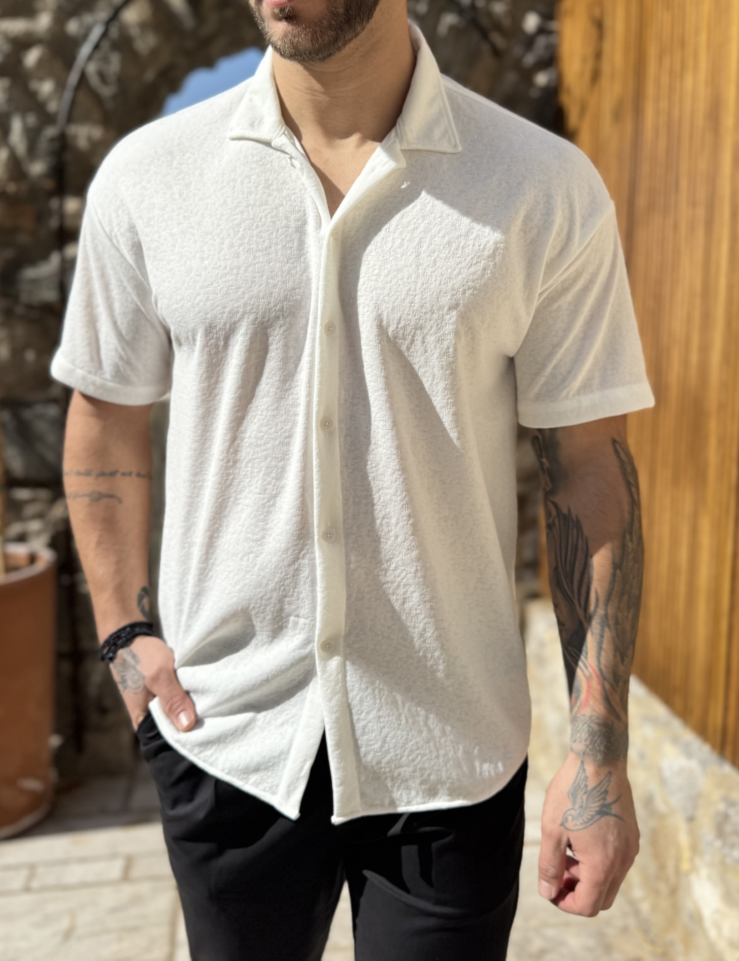 Ανδρικό λευκό ανάγλυφο κοντομάνικο πουκάμισο RMZ19136